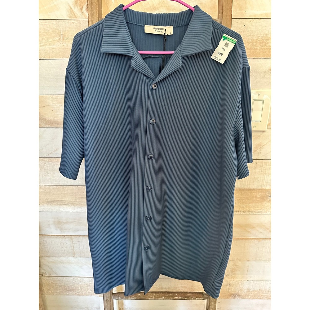 Cove Australia Mens Large Blue Pleated Short Sleeve Camp Collar Button Down Shir